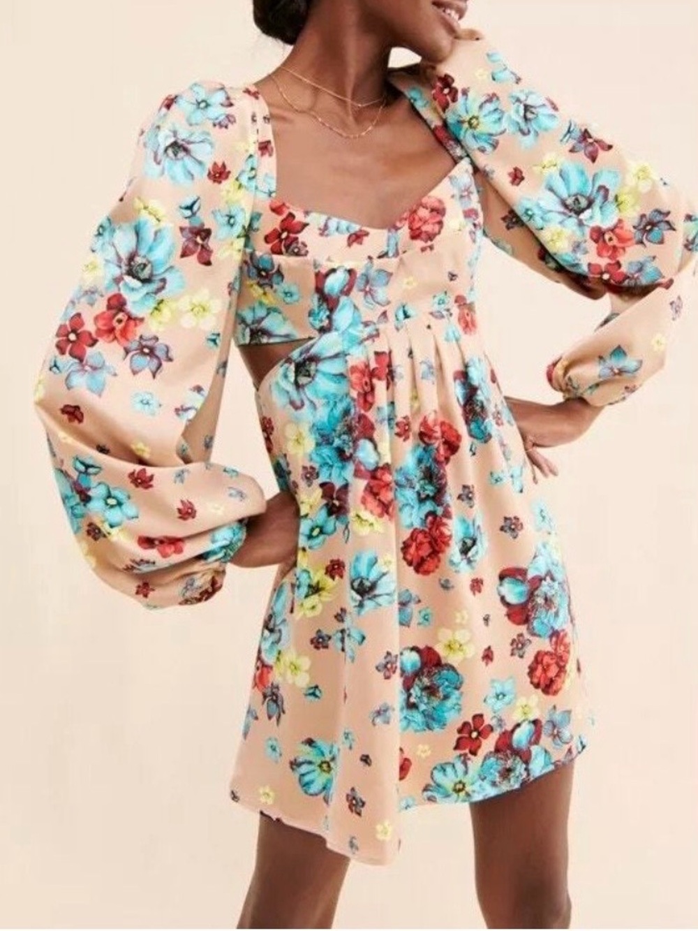 AFRM NWT Anita floral babydoll mini dress cutouts balloon sleeve satin sz m